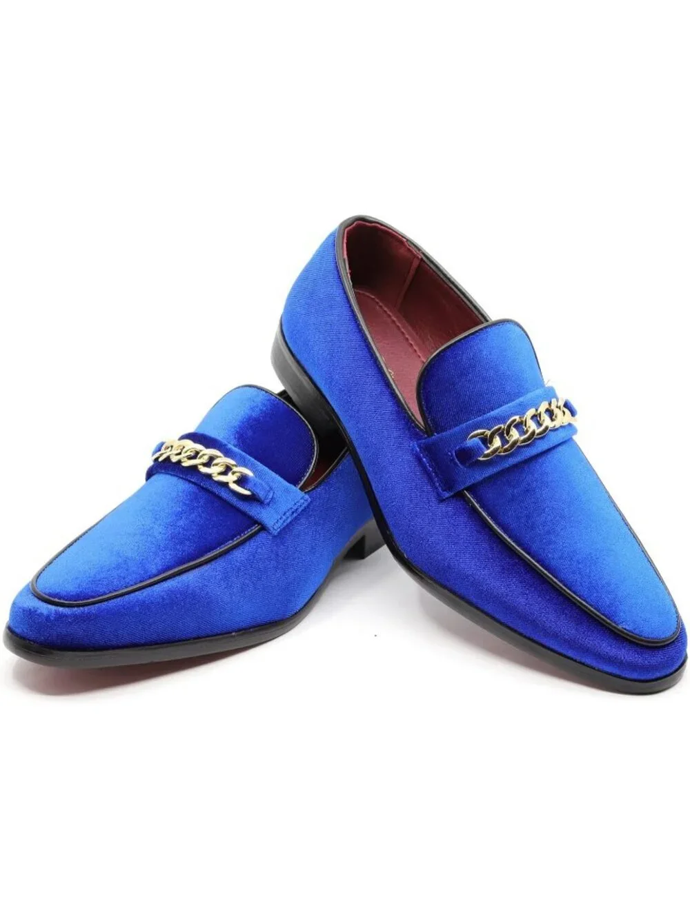 Metrocharm Men's Blue Vintage Velvet Loafers Gold Chain Buckle Slip On Shoes